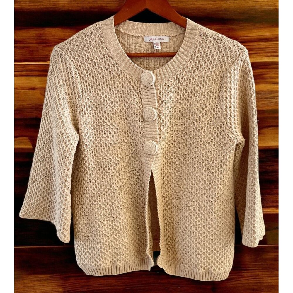JM Collection Beige Cardigan Sweater Sz M Textured Knit  With Button Closure